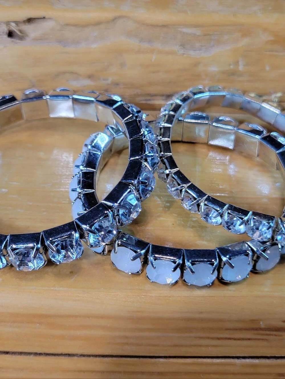 Set of 3 SilverTone White & Icy Rhinetstone Stretch Bracelets One Size Fits Most